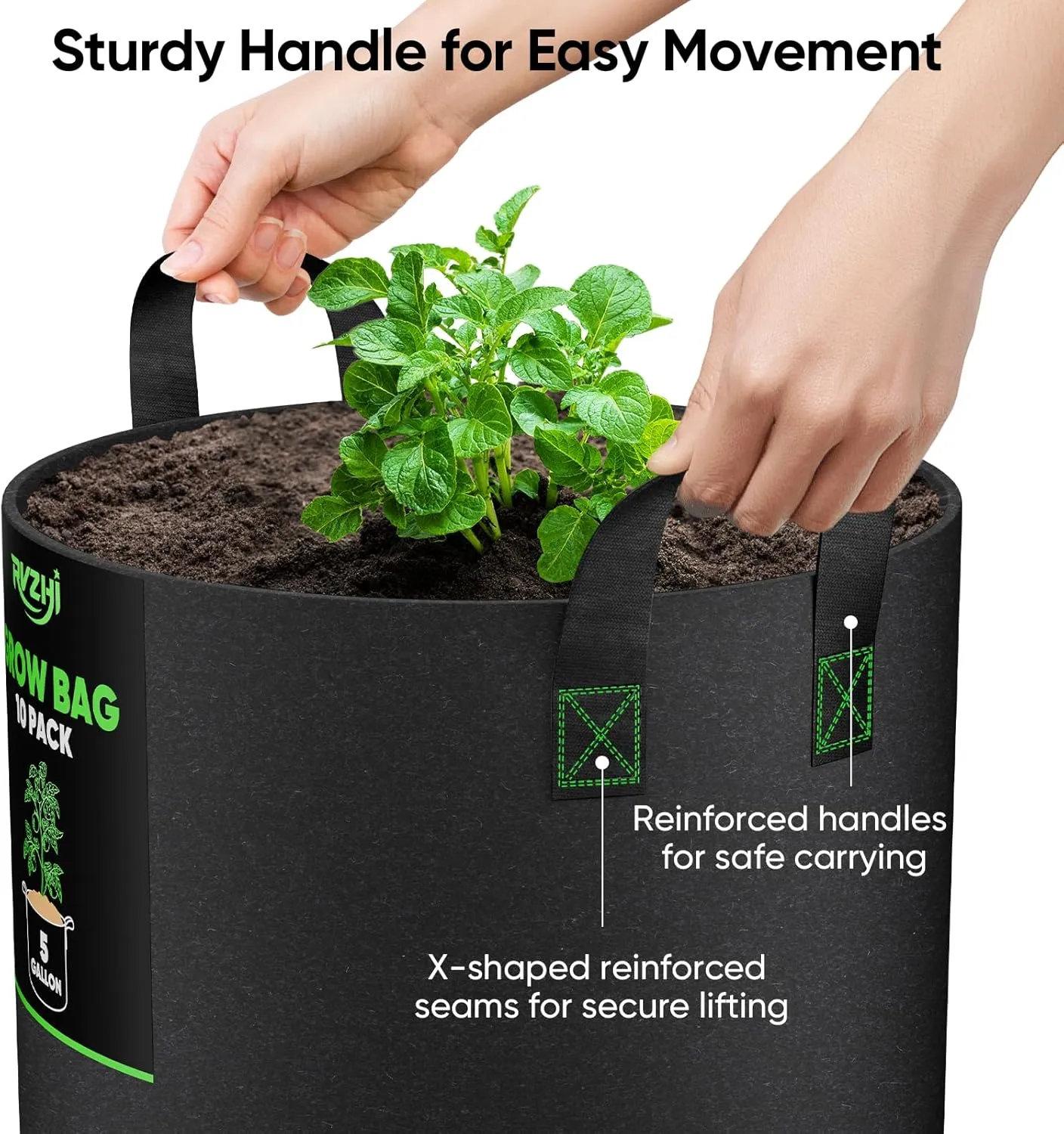 10 Gallon 10-Pack Plant Grow Bags: 350G Thickened Nonwoven Potatoes Grow Bags with Handles, Black Aeration Fabric Flowers Pots Felt Planter Garden Bags for Growing Vegetables Fruits Tomatoes Herbs