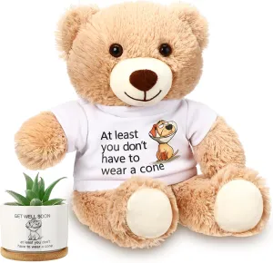 13.8" Get Well Soon Bear with White T-Shirt, Mini Ceramic Succulent Planters Pots with Bamboo Tray, Stuffed Animals at Least You Don't Have to Wear A Cone Gifts for Women Man