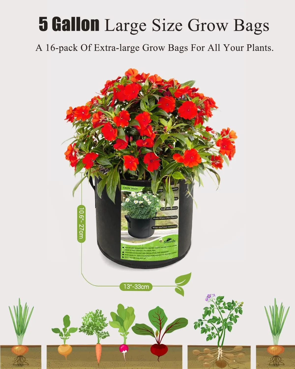 16 Pack 5 Gallon Plant Grow Bags with Handles, Washable Fabric Pot, Durable Reusable Raised Garden Bed for Vegetable, Easy Move Planting Container for Potato, Carrot, Onion, Tomato