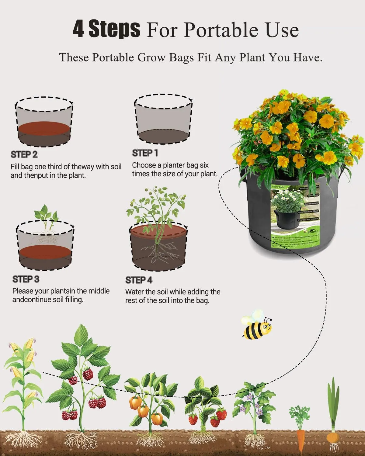 16 Pack Grey 5 Gallon Plant Grow Bags with Handles, Washable Fabric Pot, Durable Reusable Raised Garden Bed for Vegetable, Easy Move Planting Container for Potato, Carrot, Onion, Tomato