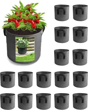 16 Pack Grey 5 Gallon Plant Grow Bags with Handles, Washable Fabric Pot, Durable Reusable Raised Garden Bed for Vegetable, Easy Move Planting Container for Potato, Carrot, Onion, Tomato