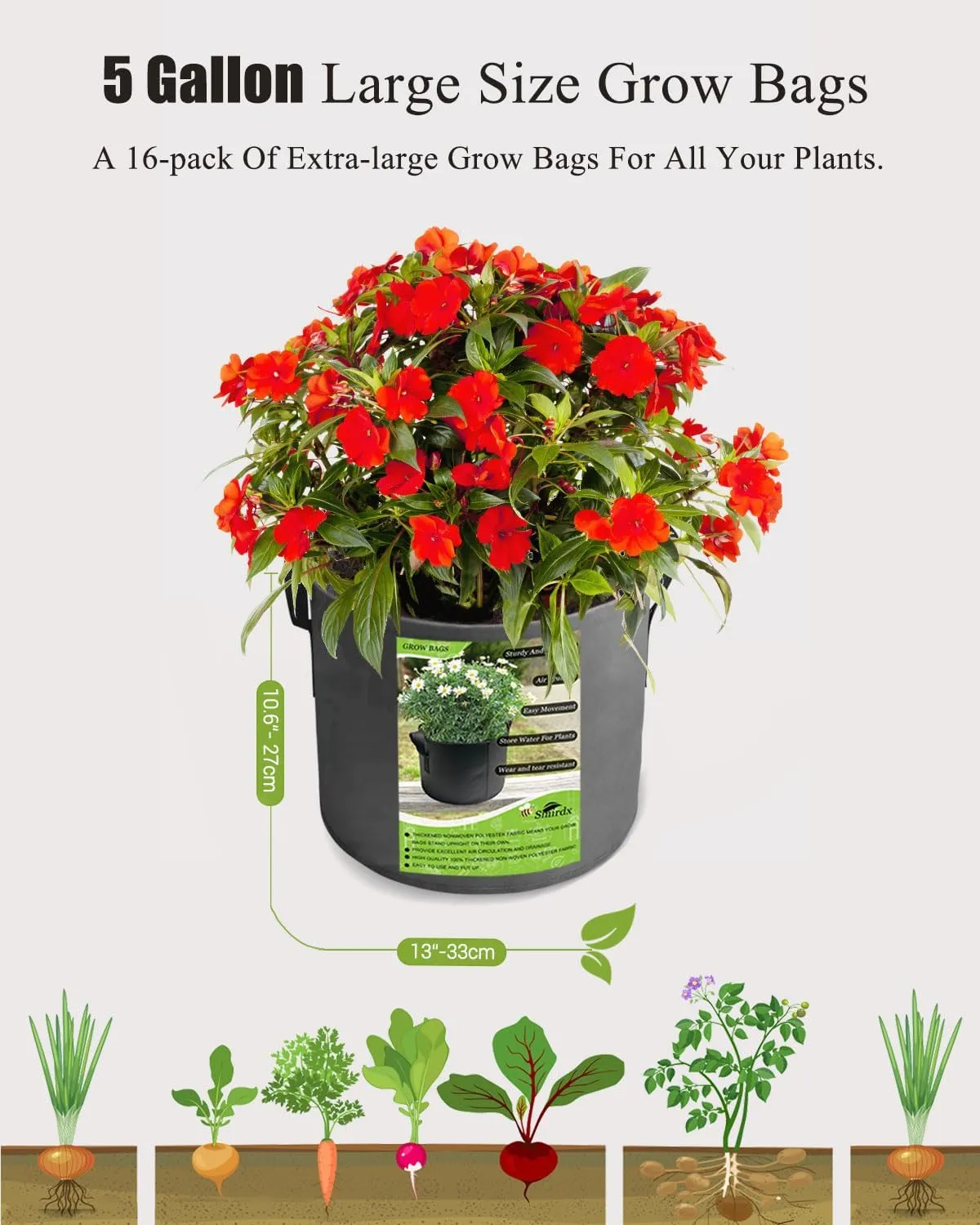 16 Pack Grey 5 Gallon Plant Grow Bags with Handles, Washable Fabric Pot, Durable Reusable Raised Garden Bed for Vegetable, Easy Move Planting Container for Potato, Carrot, Onion, Tomato
