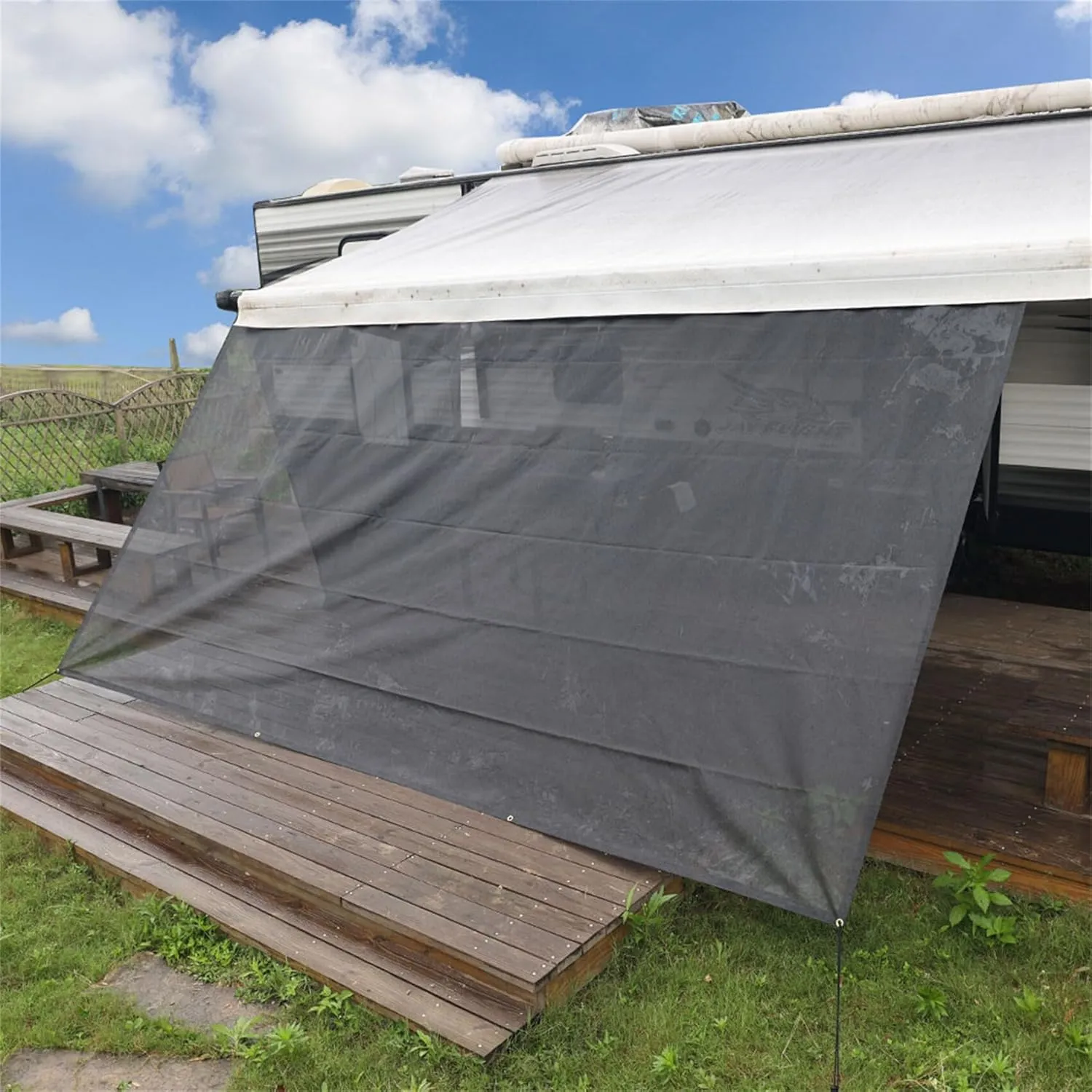 1Set 6FT x 19FT 3in Rv Awning Sun Screen Rv Fron Awning Complete Kit UV Blocking Black Grid Improves Shadow Protection Privacy Peplacement for Rv Travel Outdoor Camping