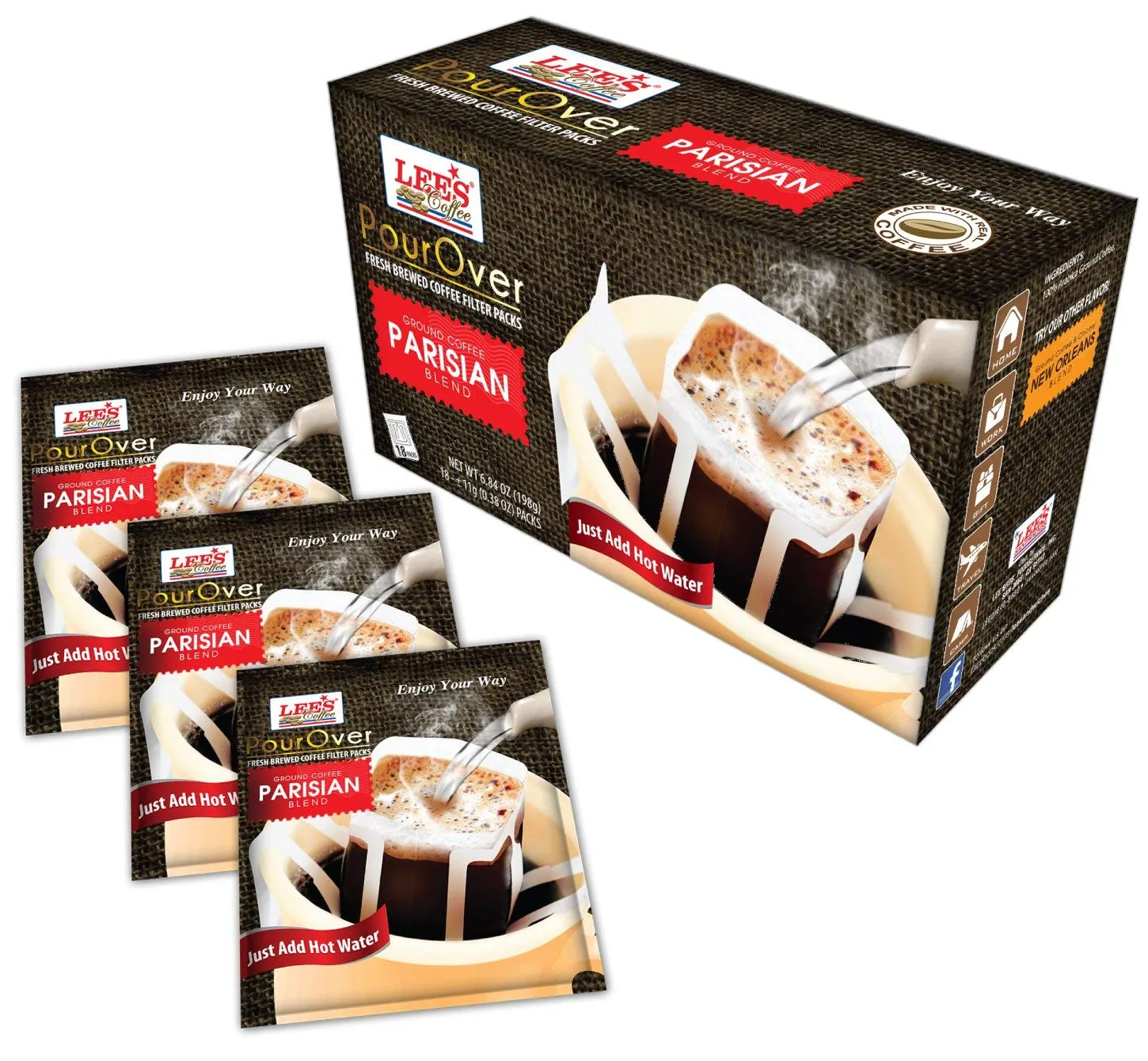 2 Packs - Lee's Coffee Pourover Fresh Ground Parisian Filter Packs - 18 Bags per Box with 2 Boxes per Order