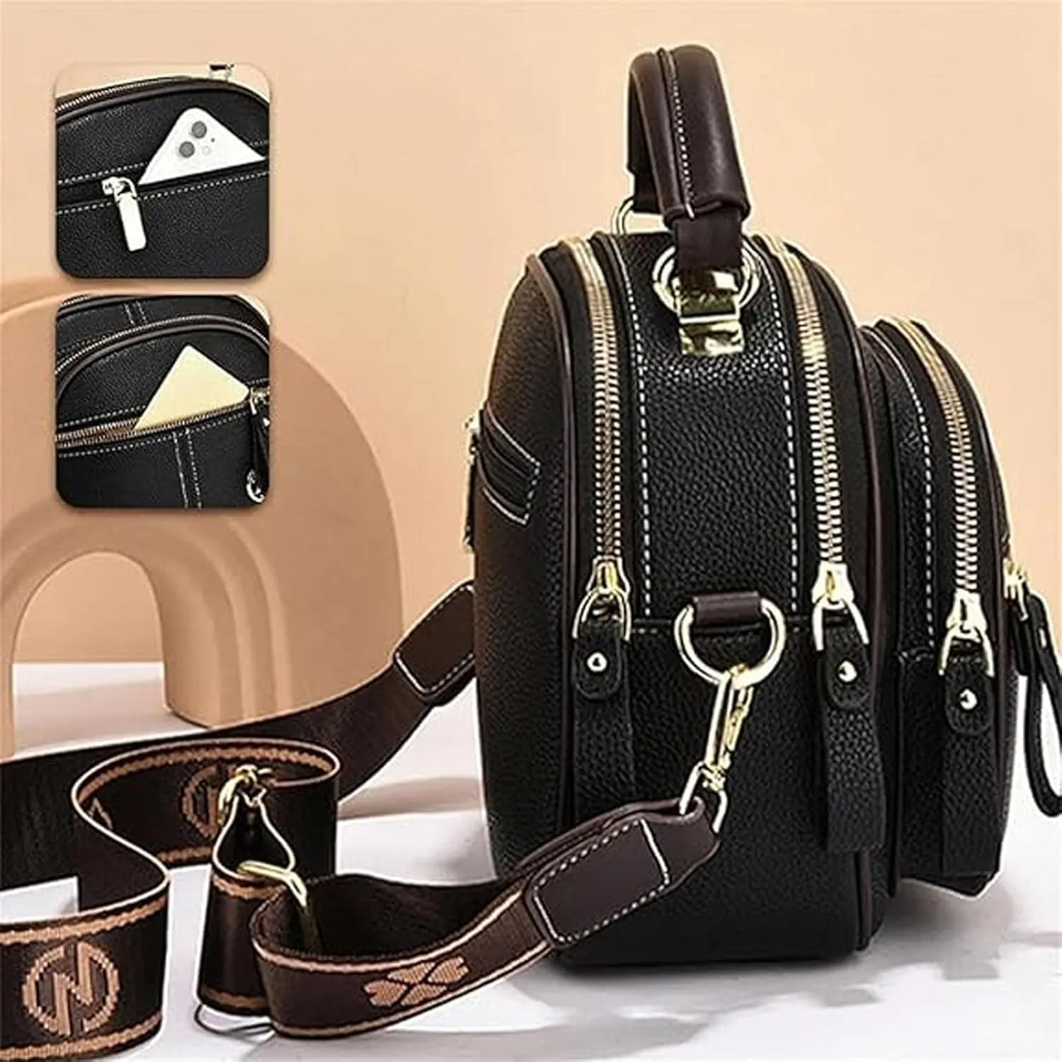 2025 New Lanarcissa Leather Bag, Multifunctional Adjustable Compartment Wide Shoulder Strap Leather Bag-Black