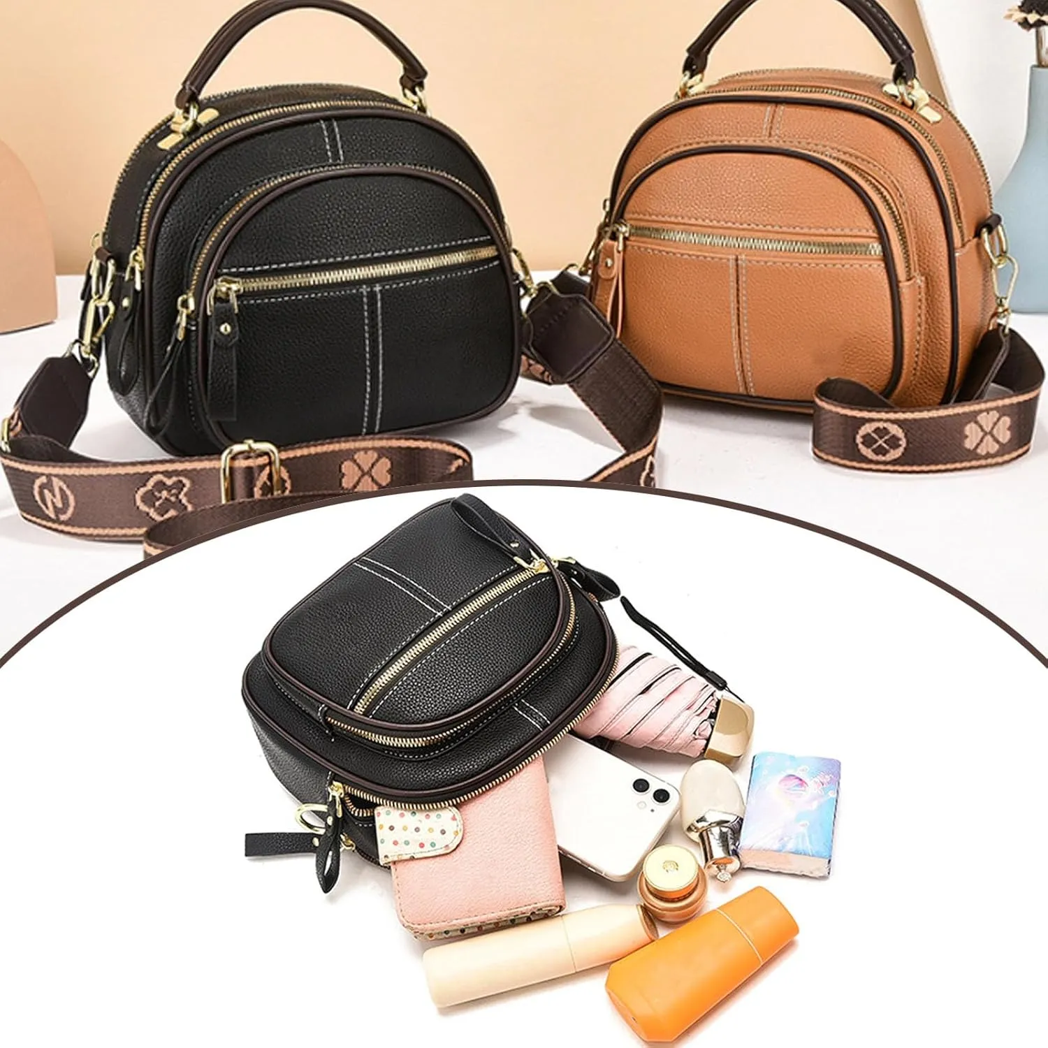 2025 New Lanarcissa Leather Bag, Multifunctional Adjustable Compartment Wide Shoulder Strap Leather Bag-Black