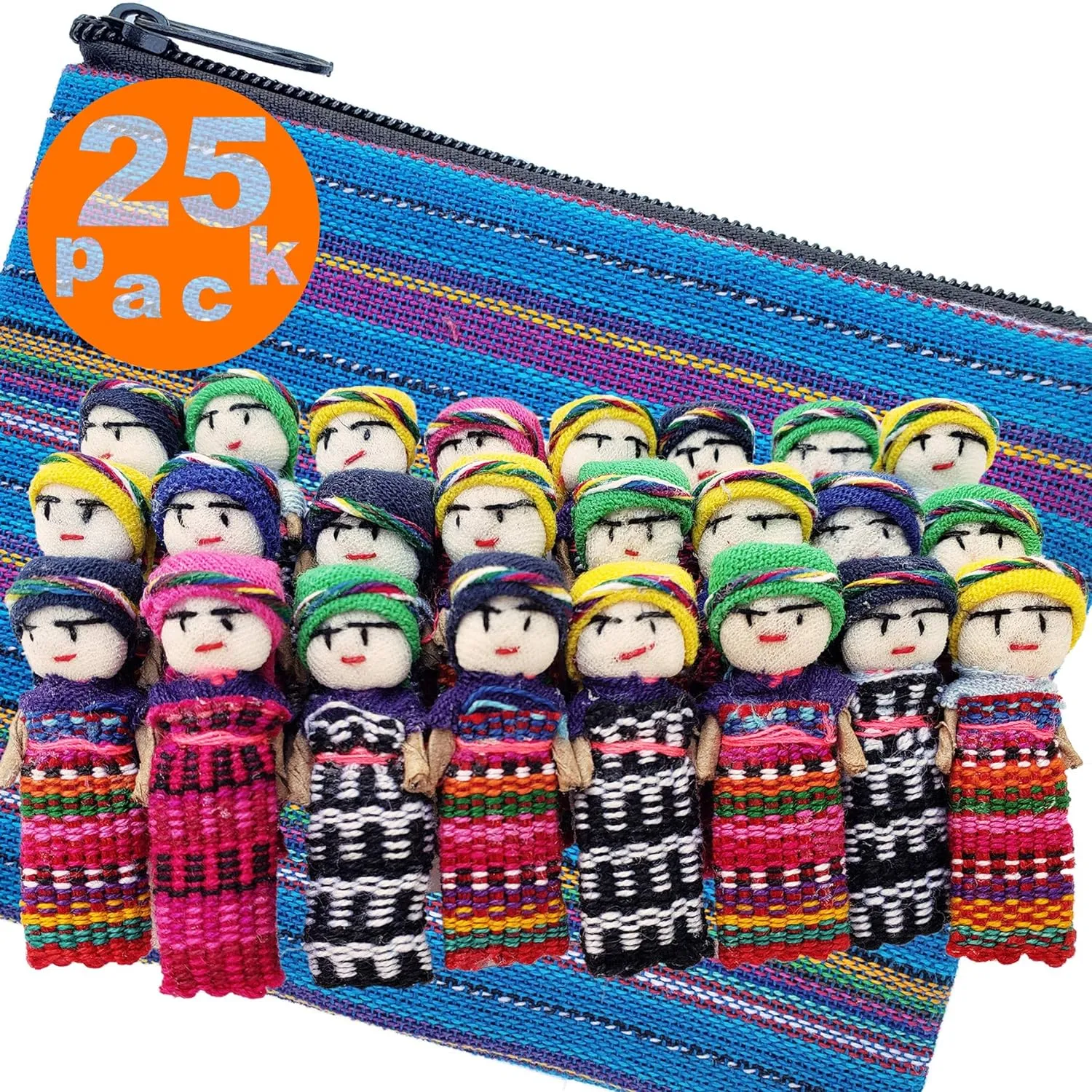 24 Super Cute Worry Dolls   1 Free Guatemalan Fabric Bag Guatemala Dolls - Mayan - Worry People - Muñecas Quitapenas - Trouble - Anxiety - (1.5 in)