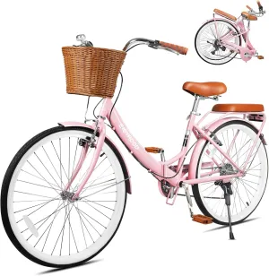 26 Inch Folding Beach Cruiser Bike for Women, 7-Speed Foldable Bicycle with Basket & Rack, Lightweight City Bike for Commuting, Leisure, and Relaxed Rides