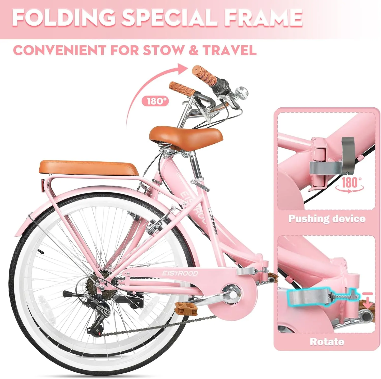 26 Inch Folding Beach Cruiser Bike for Women, 7-Speed Foldable Bicycle with Basket & Rack, Lightweight City Bike for Commuting, Leisure, and Relaxed Rides
