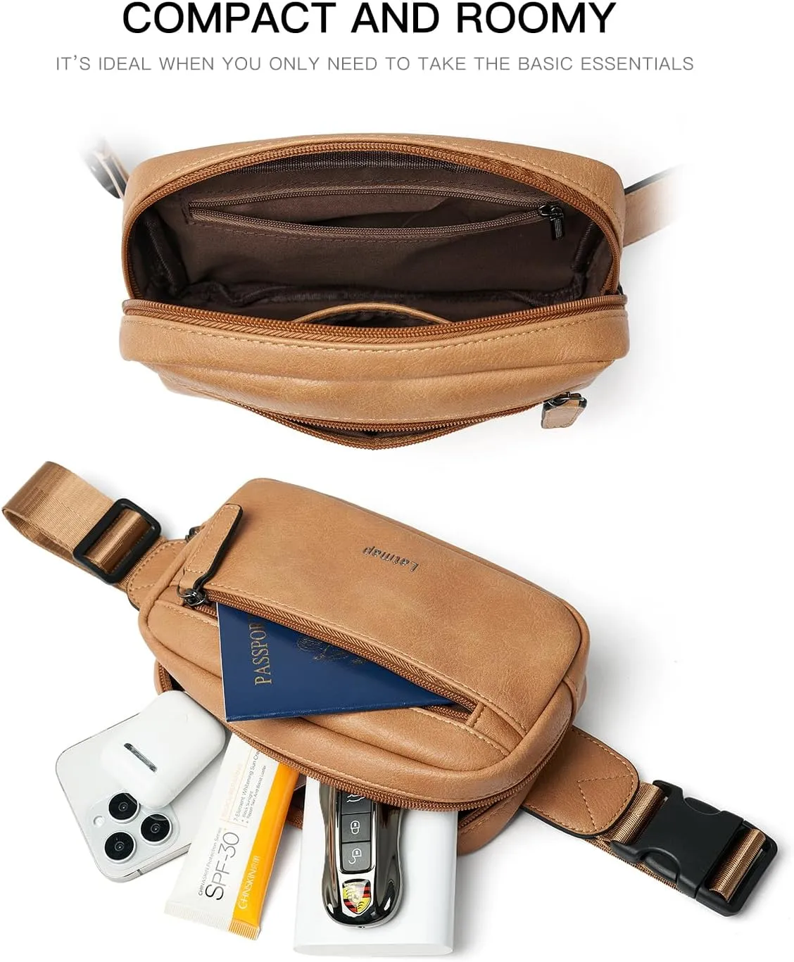 2L Fanny Packs Everywhere Belt Bag Small Fashion Crossbody Waist Pack Faux Leather Waterproof Sling Chest Bag For Women Tan