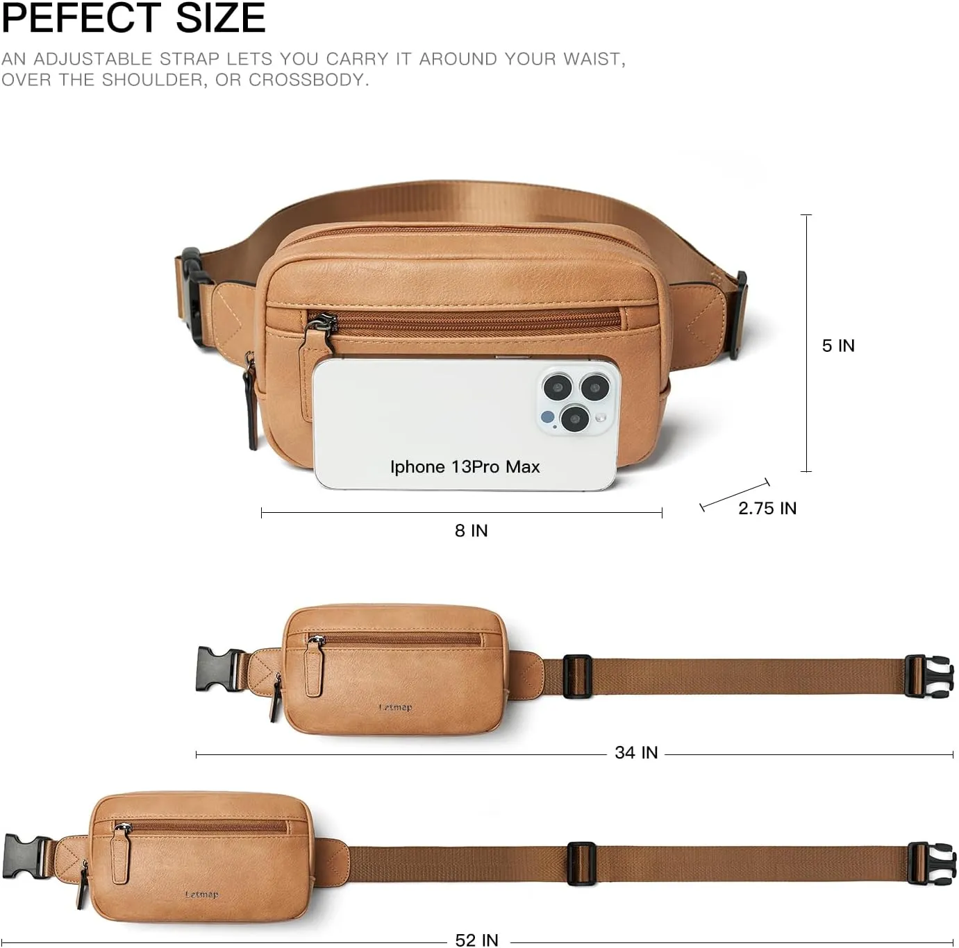 2L Fanny Packs Everywhere Belt Bag Small Fashion Crossbody Waist Pack Faux Leather Waterproof Sling Chest Bag For Women Tan
