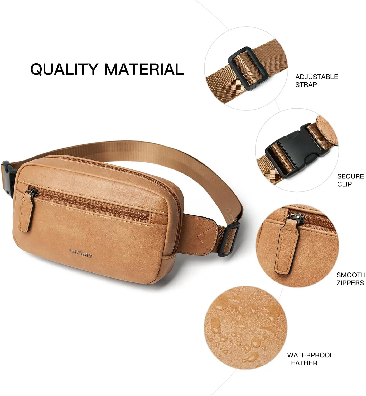 2L Fanny Packs Everywhere Belt Bag Small Fashion Crossbody Waist Pack Faux Leather Waterproof Sling Chest Bag For Women Tan