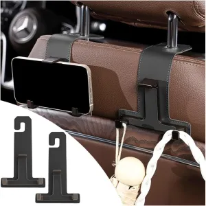 2PCS Car Purse Hook,2 in 1 Headrest Hooks for Car with Car Phone Holder,Leather Car Hooks for Headrest with Double Car Bag Hooks Organize Handbags,Backpacks,Umbrellas