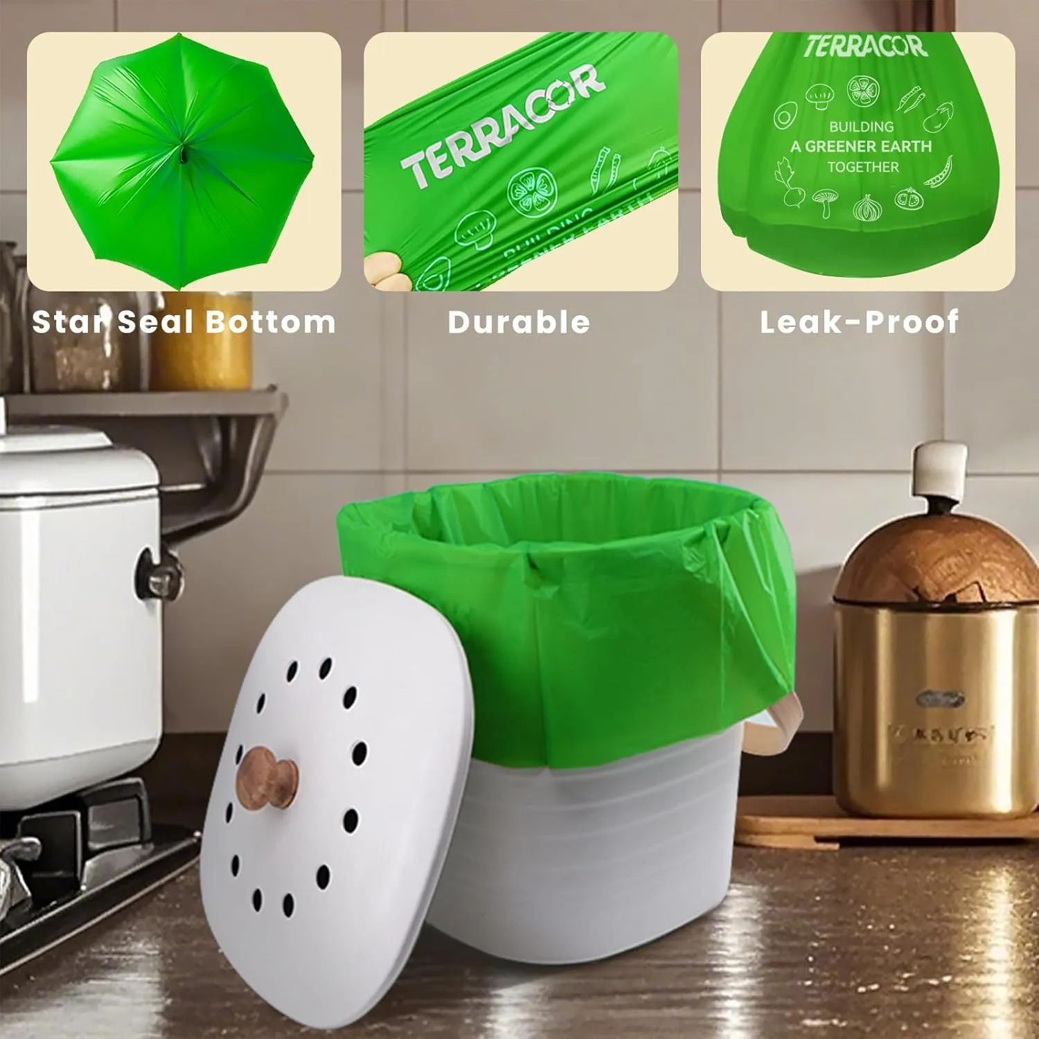 3 Gallon Compostable Trash Bags, 100 Bags Compost Bags for Countertop Bin, BPI Certified and Meet The ASTM D6400 Standard