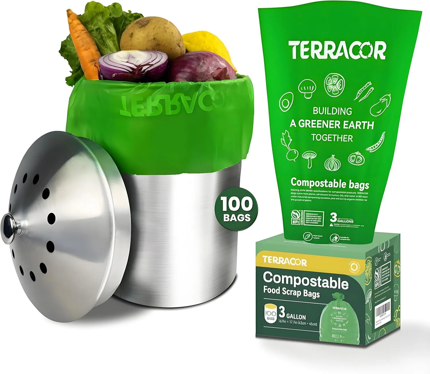 3 Gallon Compostable Trash Bags, 100 Bags Compost Bags for Countertop Bin, BPI Certified and Meet The ASTM D6400 Standard