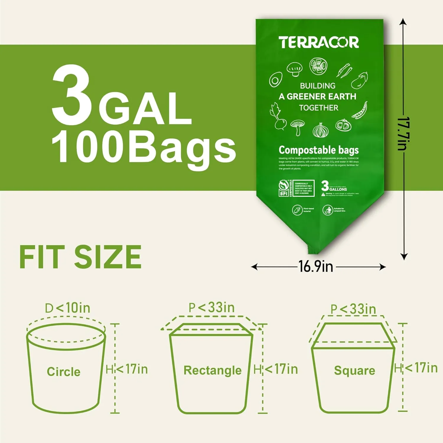 3 Gallon Compostable Trash Bags, 100 Bags Compost Bags for Countertop Bin, BPI Certified and Meet The ASTM D6400 Standard