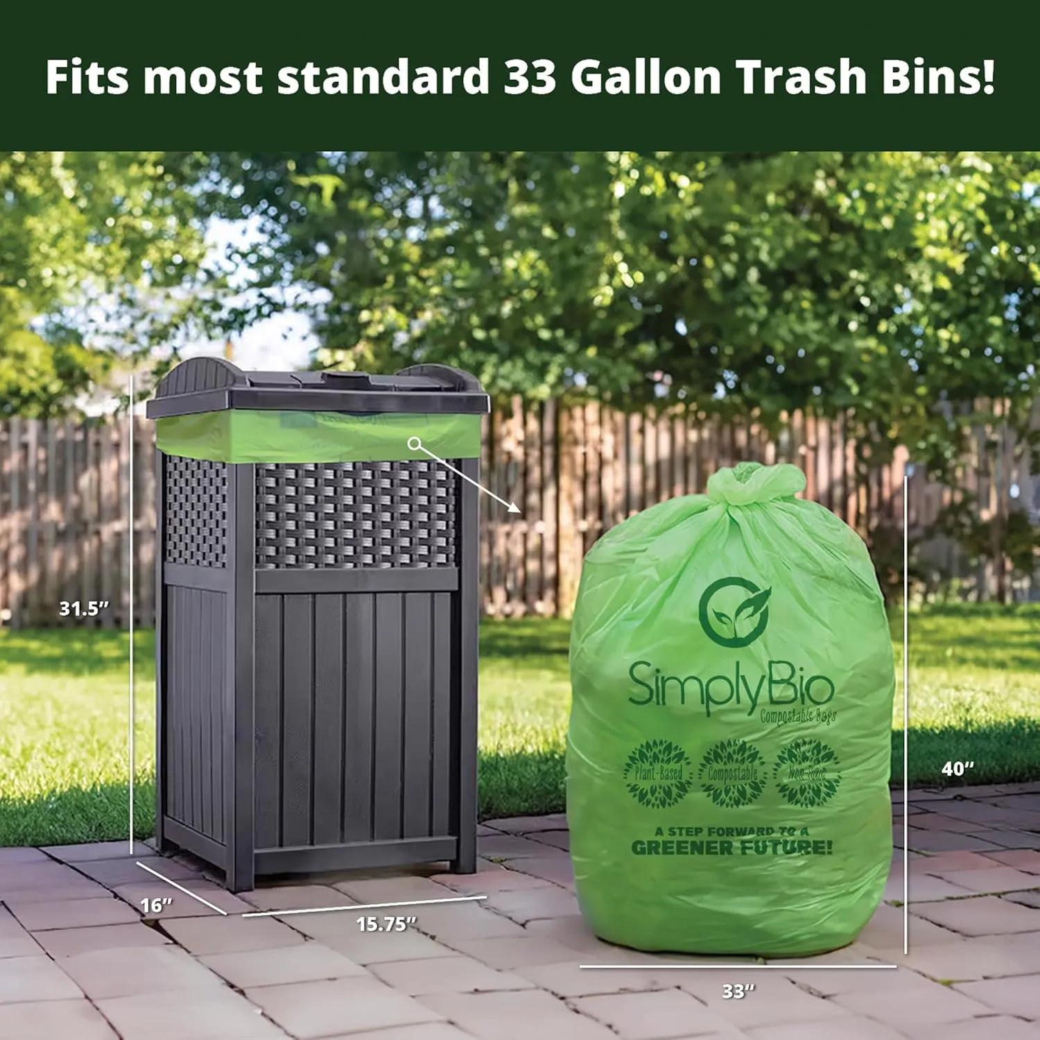 30-33 Gallon Compostable Trash Bags Liners Flat-Top, Heavy Duty Extra Thick 1.57 Mil, 124.92 Liter, 60 Bags, Lawn, Yard, and Restaurant Use, ASTM D6400, US BPI, OK Compost Home Certified