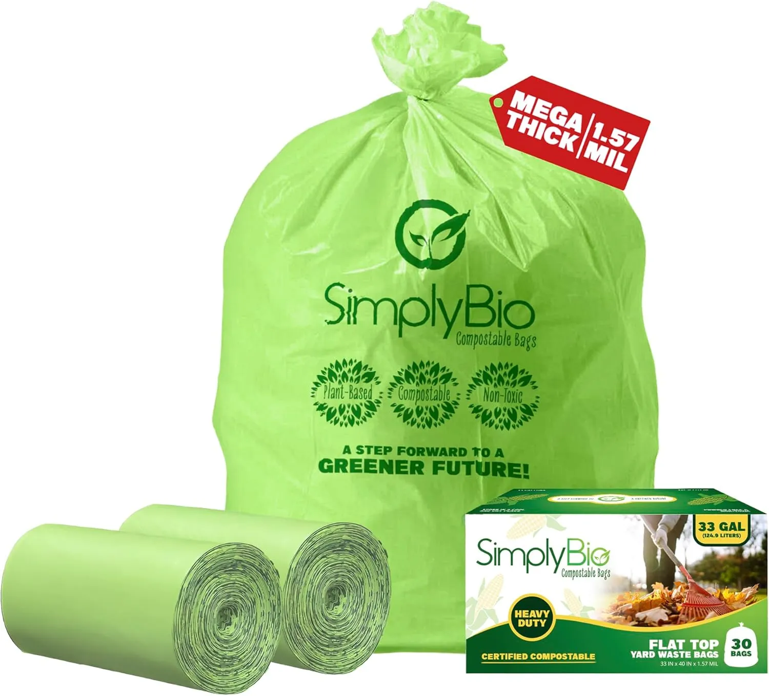 30-33 Gallon Compostable Trash Bags Liners Flat-Top, Heavy Duty Extra Thick 1.57 Mil, 124.92 Liter, 60 Bags, Lawn, Yard, and Restaurant Use, ASTM D6400, US BPI, OK Compost Home Certified