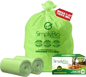 30-33 Gallon Compostable Trash Bags Liners Flat-Top, Heavy Duty Extra Thick 1.57 Mil, 124.92 Liter, 60 Bags, Lawn, Yard, and Restaurant Use, ASTM D6400, US BPI, OK Compost Home Certified