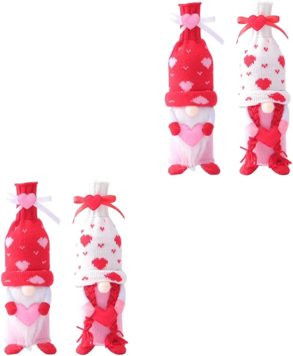 4PCS Gnome Valentine Day Wine Bottle Covers Wine Bottle Bags Handmade Swedish Tomte Toppers for Valentine's Day Wedding Dining Table Decorations Party