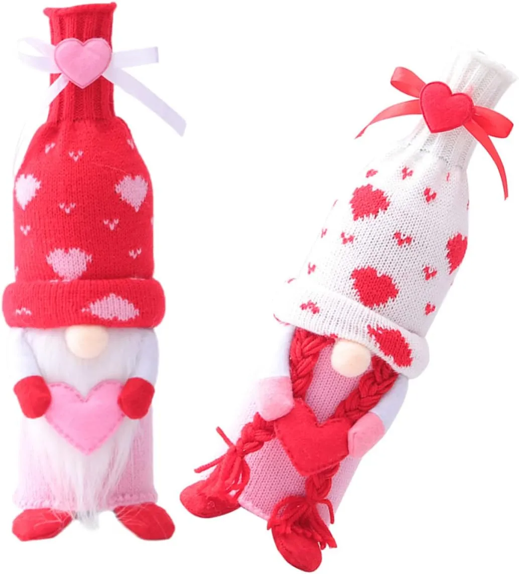 4PCS Gnome Valentine Day Wine Bottle Covers Wine Bottle Bags Handmade Swedish Tomte Toppers for Valentine's Day Wedding Dining Table Decorations Party