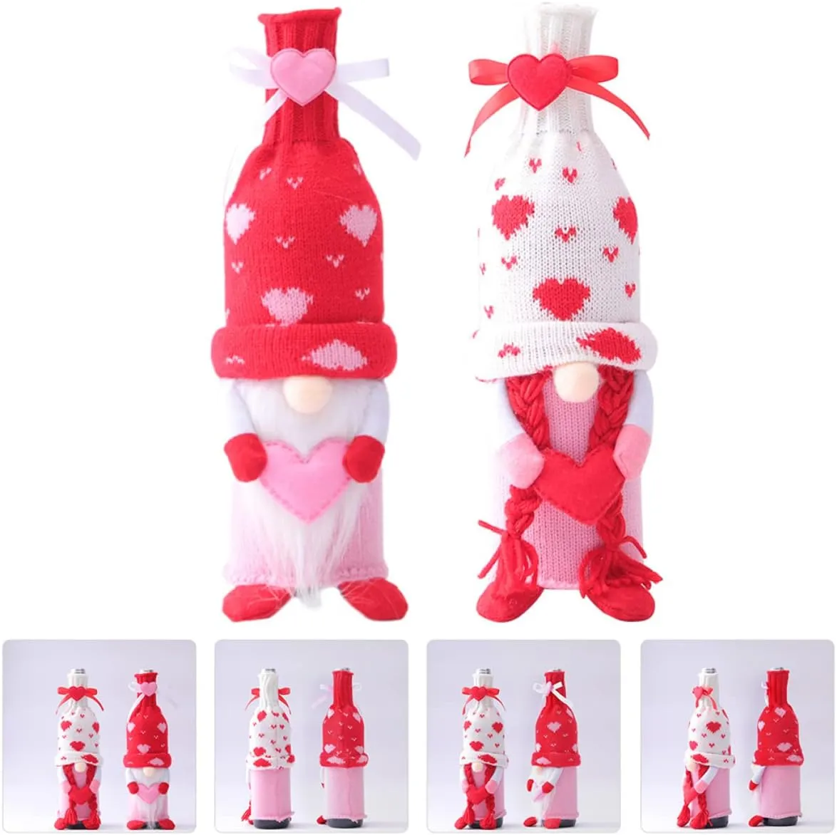 4PCS Gnome Valentine Day Wine Bottle Covers Wine Bottle Bags Handmade Swedish Tomte Toppers for Valentine's Day Wedding Dining Table Decorations Party