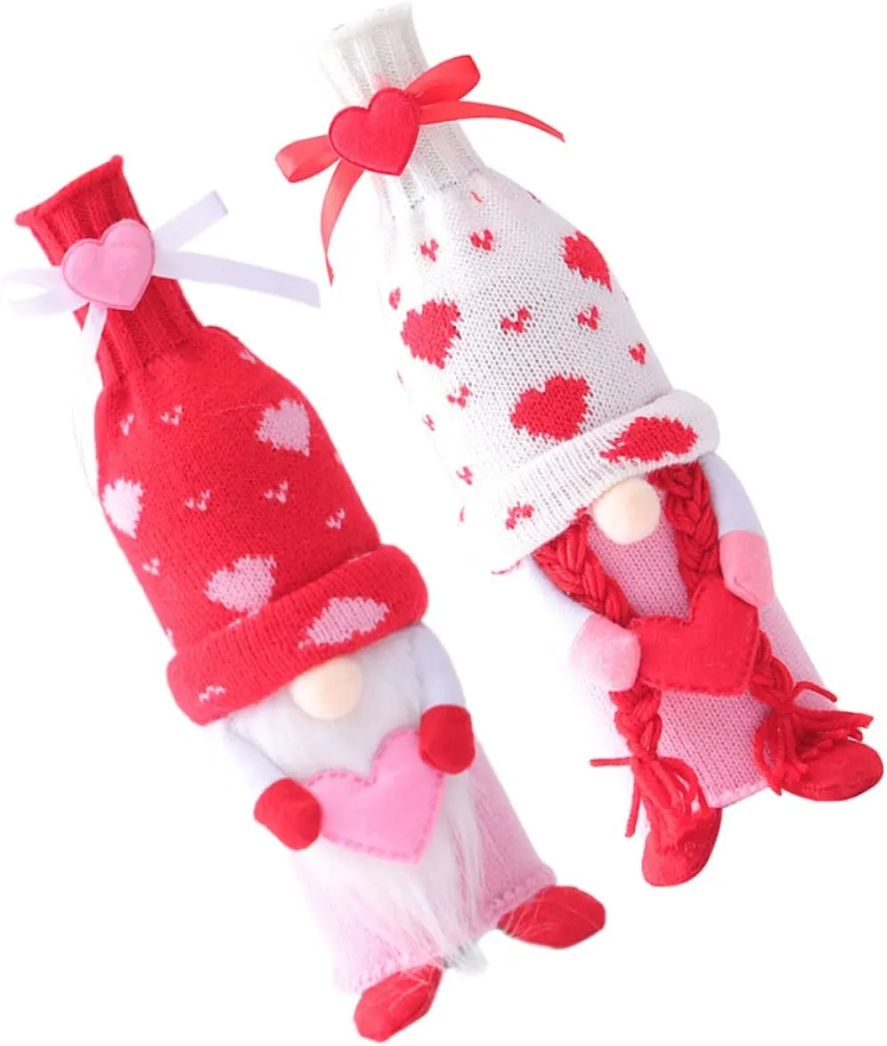 4PCS Gnome Valentine Day Wine Bottle Covers Wine Bottle Bags Handmade Swedish Tomte Toppers for Valentine's Day Wedding Dining Table Decorations Party