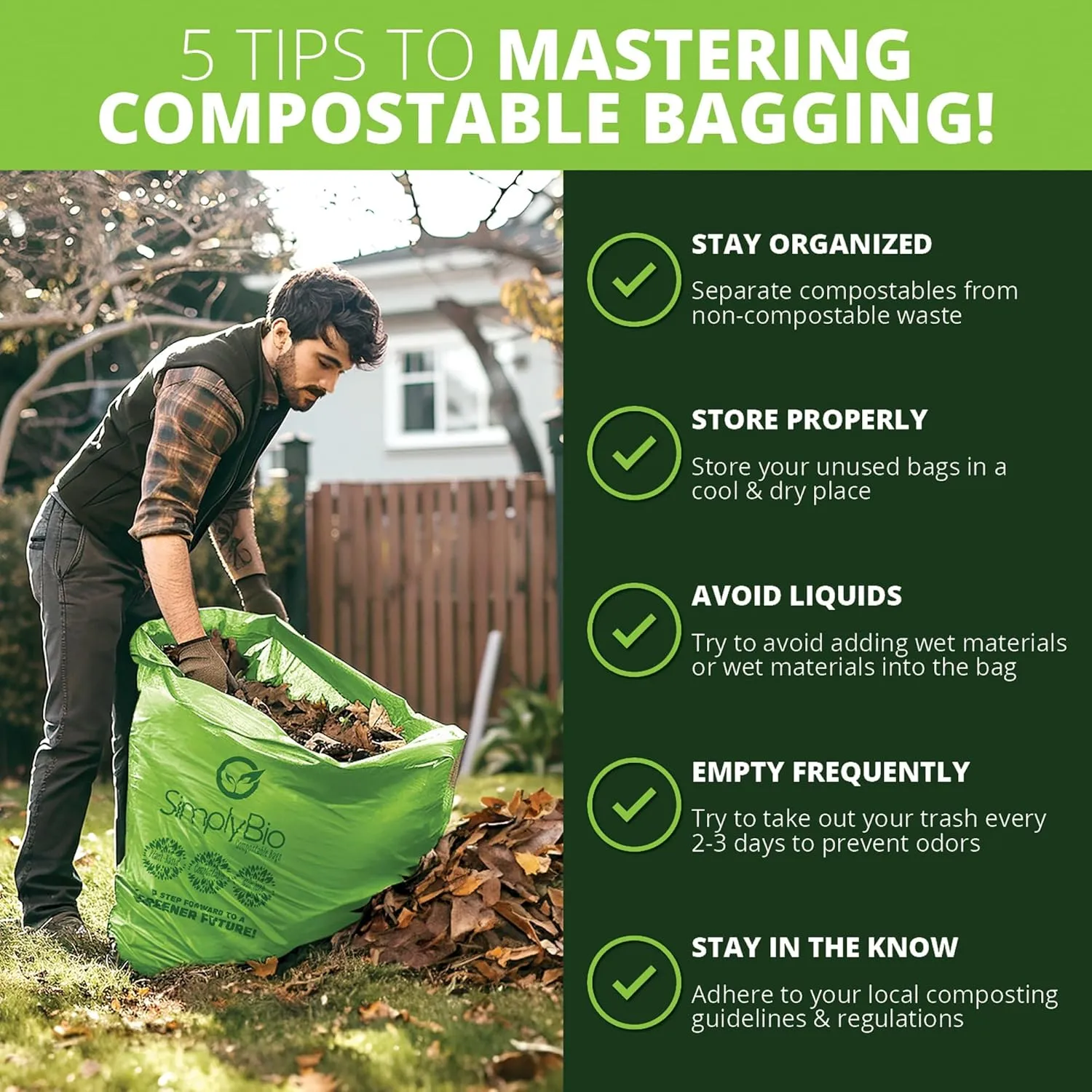 50-55 Gallon Compostable Trash Bags Liners Flat-Top, Heavy Duty Extra Thick 1.57 Mil, 208.2 Liter, 24 Bags, Lawn, Yard, and Restaurant Use, ASTM D6400, US BPI, OK Compost Home Certified