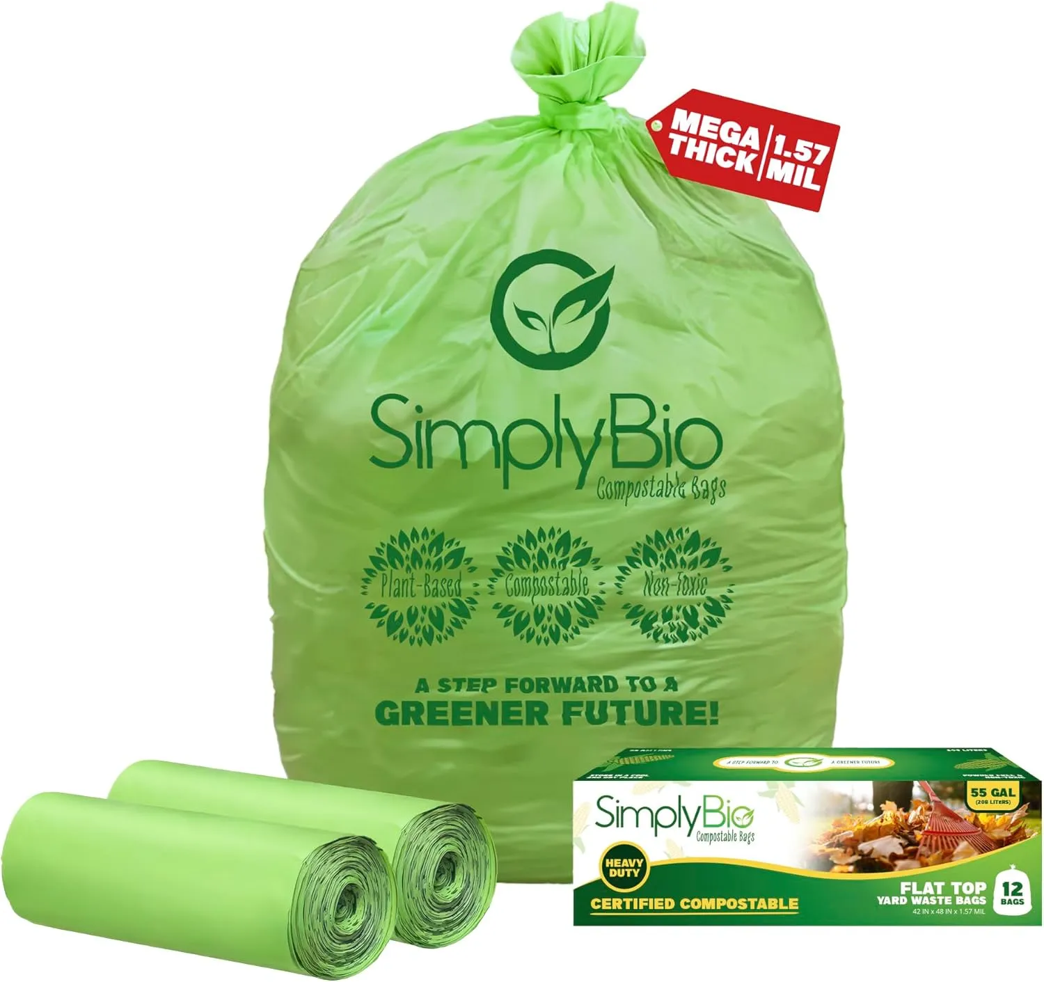 50-55 Gallon Compostable Trash Bags Liners Flat-Top, Heavy Duty Extra Thick 1.57 Mil, 208.2 Liter, 24 Bags, Lawn, Yard, and Restaurant Use, ASTM D6400, US BPI, OK Compost Home Certified