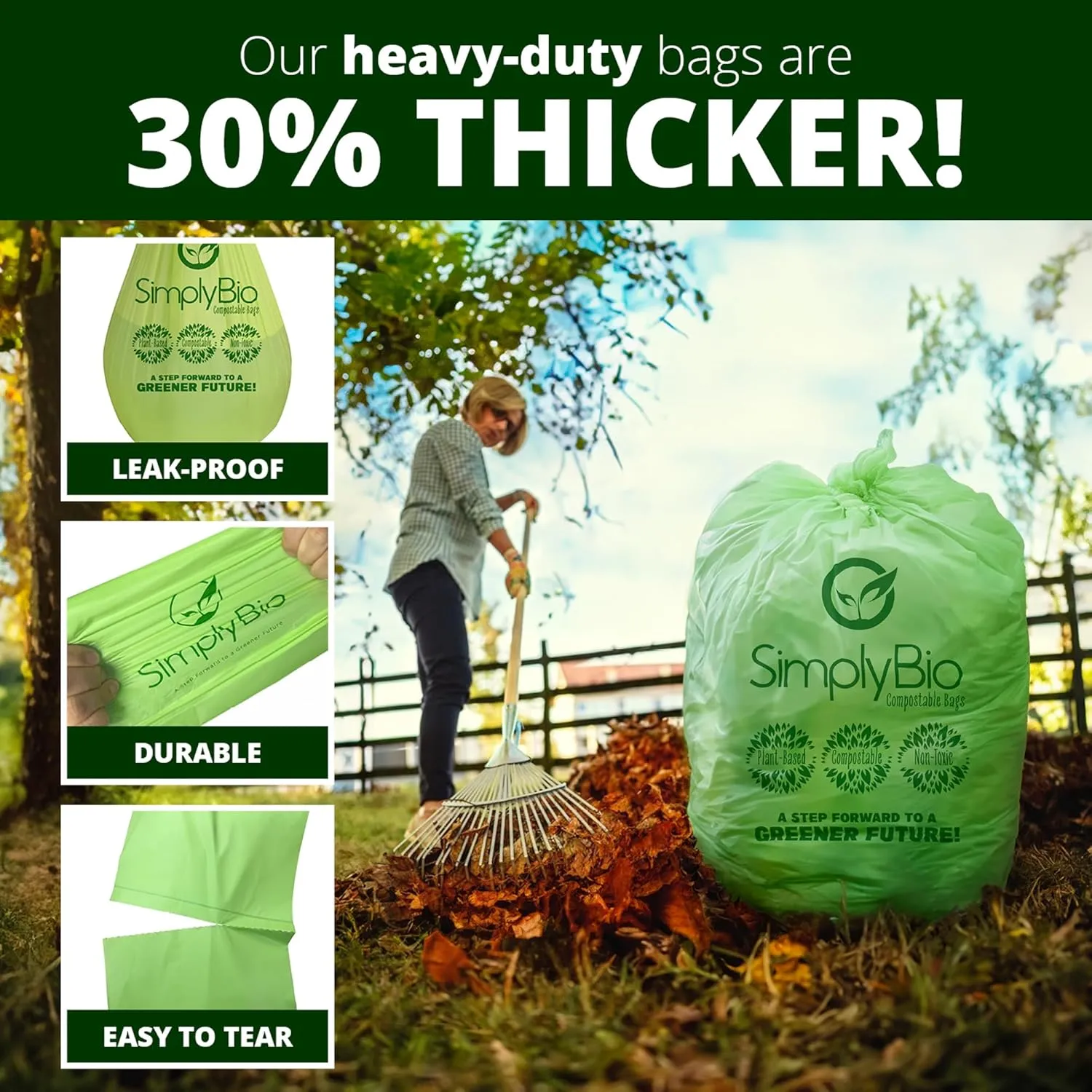 50-55 Gallon Compostable Trash Bags Liners Flat-Top, Heavy Duty Extra Thick 1.57 Mil, 208.2 Liter, 24 Bags, Lawn, Yard, and Restaurant Use, ASTM D6400, US BPI, OK Compost Home Certified