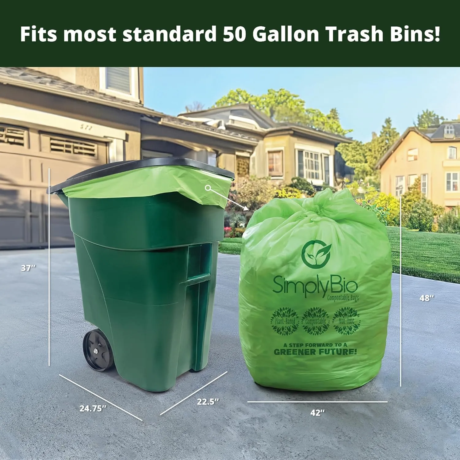 50-55 Gallon Compostable Trash Bags Liners Flat-Top, Heavy Duty Extra Thick 1.57 Mil, 208.2 Liter, 24 Bags, Lawn, Yard, and Restaurant Use, ASTM D6400, US BPI, OK Compost Home Certified