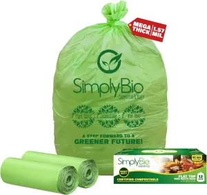 50-55 Gallon Compostable Trash Bags Liners Flat-Top, Heavy Duty Extra Thick 1.57 Mil, 208.2 Liter, 24 Bags, Lawn, Yard, and Restaurant Use, ASTM D6400, US BPI, OK Compost Home Certified