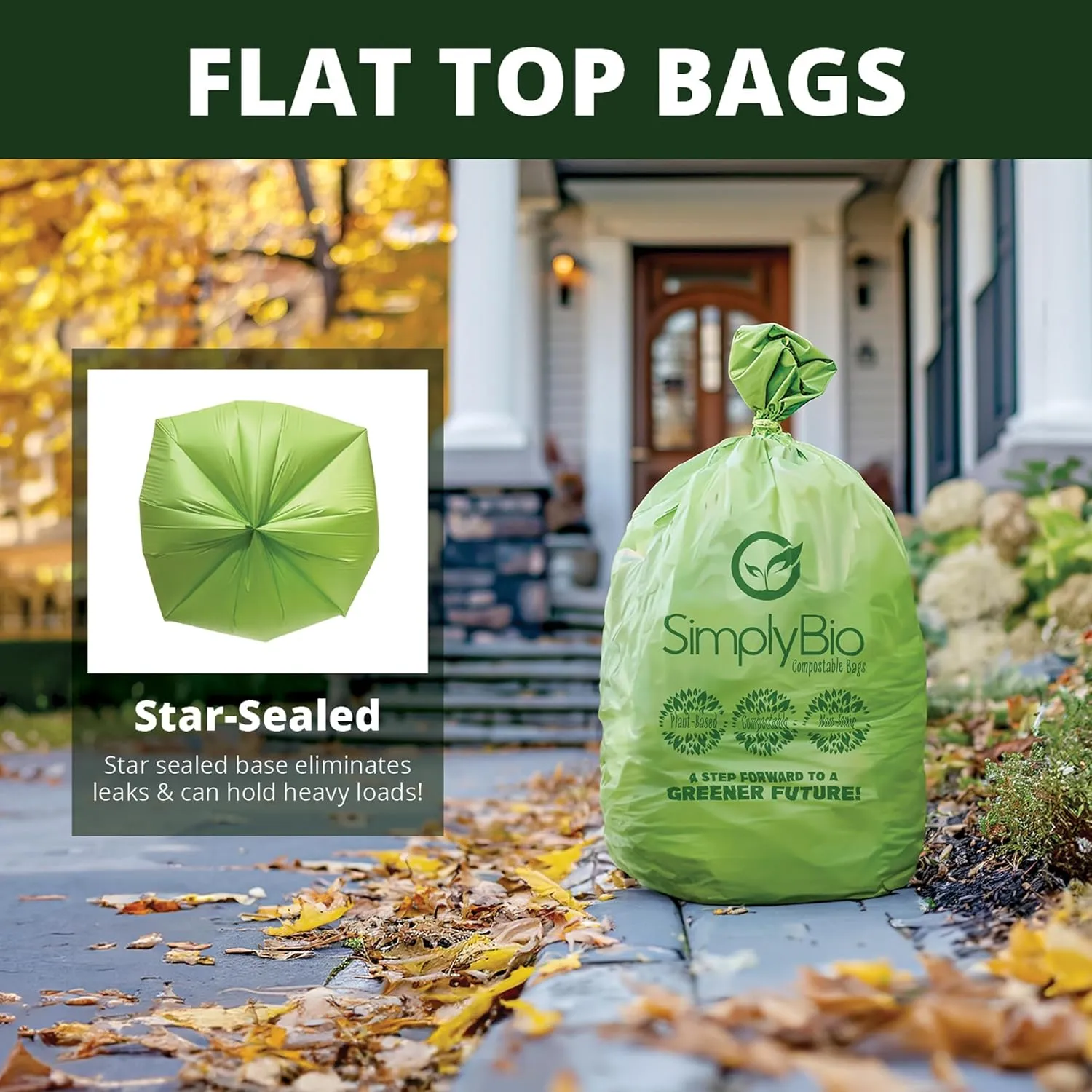50-55 Gallon Compostable Trash Bags Liners Flat-Top, Heavy Duty Extra Thick 1.57 Mil, 208.2 Liter, 24 Bags, Lawn, Yard, and Restaurant Use, ASTM D6400, US BPI, OK Compost Home Certified
