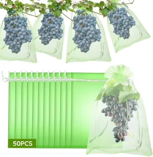 50 Pcs Fruit Protection Bags, 12"x16" Garden Netting Green bags for Fruits & Vegetables, Deer Netting Mesh Bag Drawstring, Green Bags for Produce Mango Tree Apple Tree Fruit Trees Plant Flower
