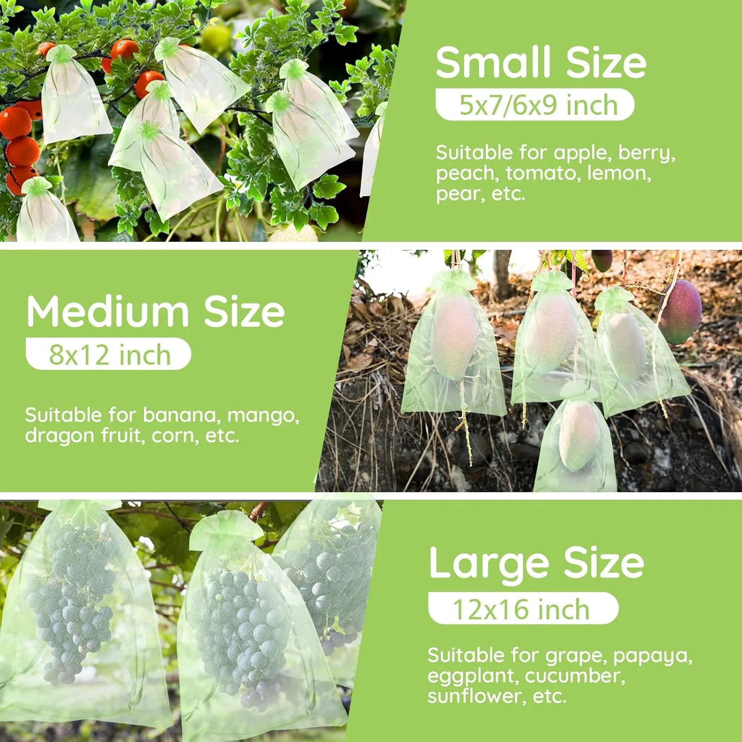 50 Pcs Fruit Protection Bags, 12"x16" Garden Netting Green bags for Fruits & Vegetables, Deer Netting Mesh Bag Drawstring, Green Bags for Produce Mango Tree Apple Tree Fruit Trees Plant Flower