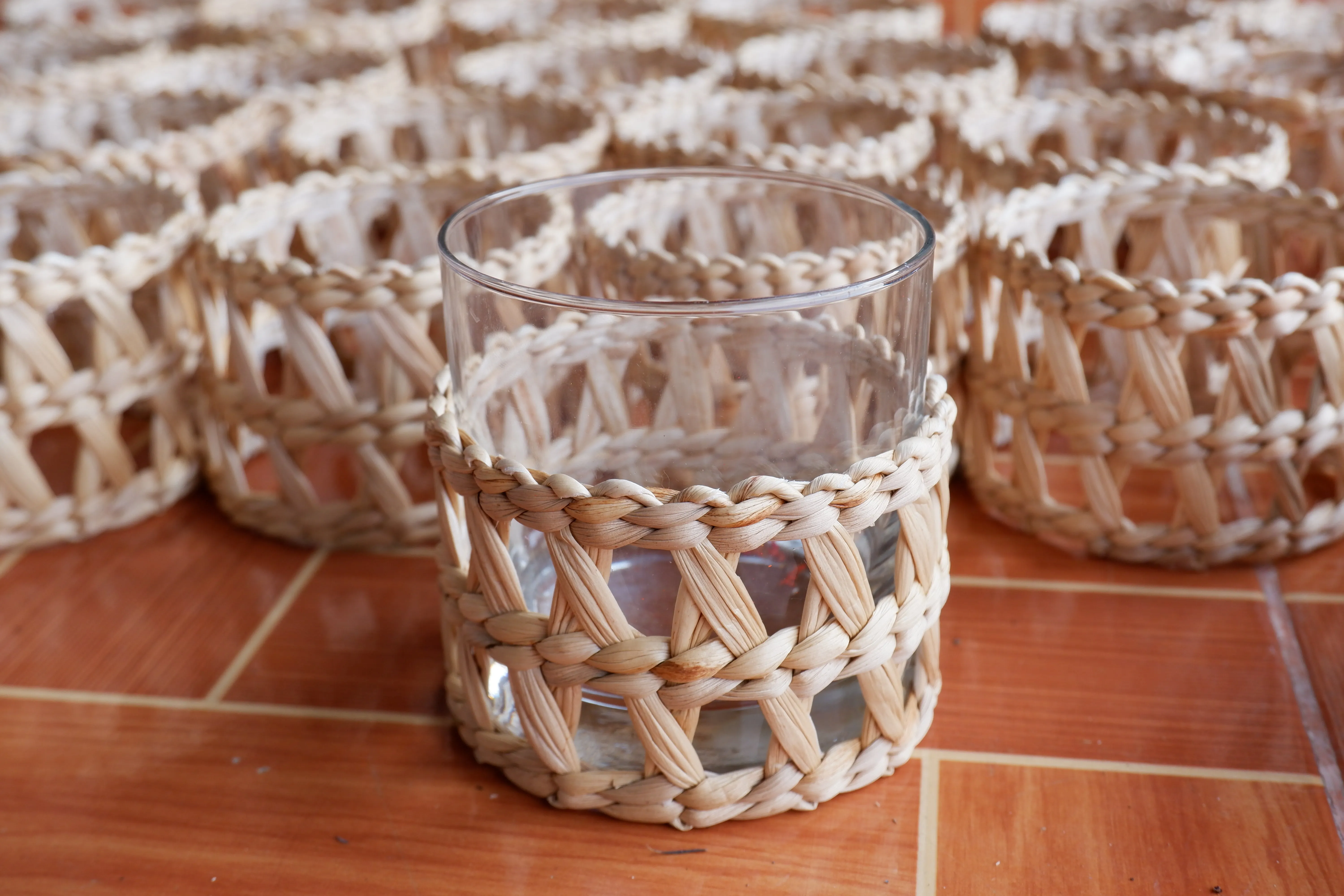 50 pcs glass, Custom Vintage Woven Wicker Wrapped Glass, Woven Seagrass Coasters (only seagrass wrapped without glass)