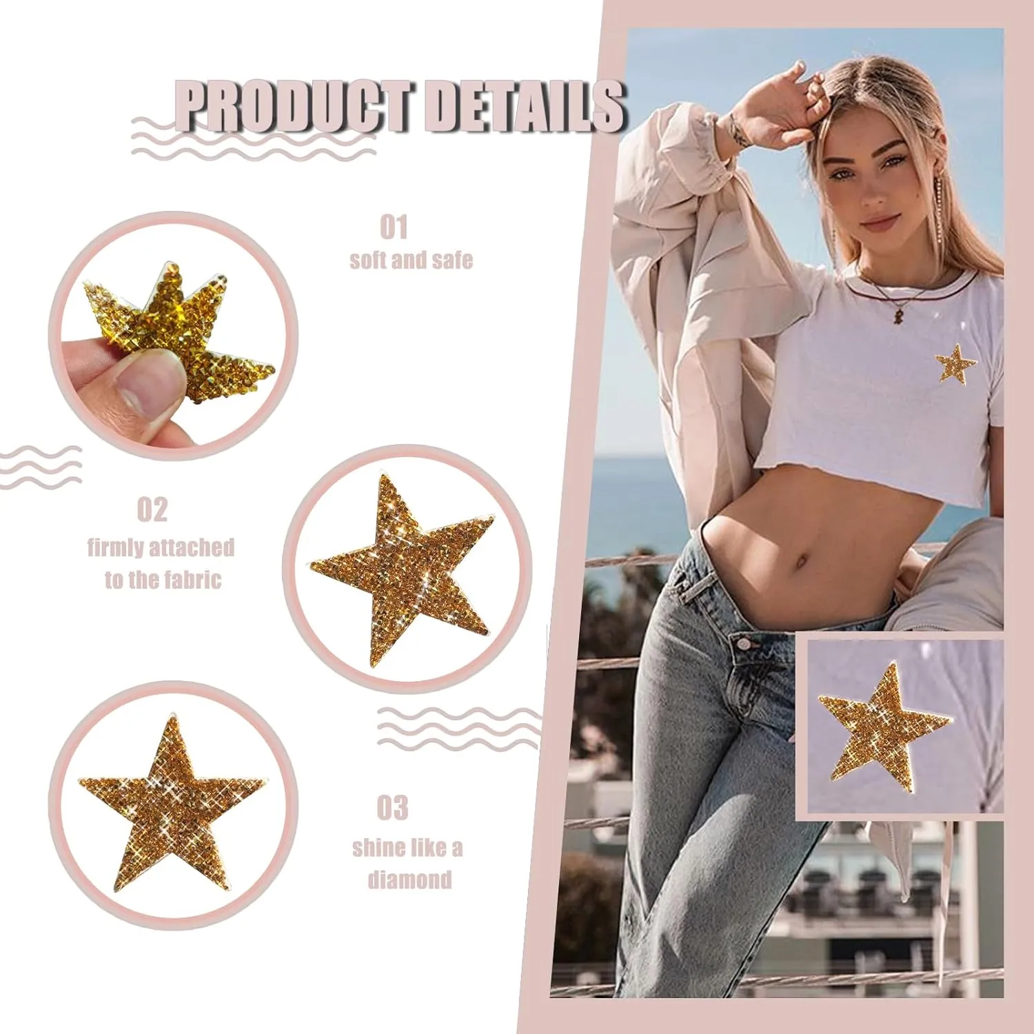 50 Pieces Star Iron on Patches Iron on Adhesive Star Patches Iron on Star Glitter Rhinestone Shiny Star Patche Appliques for Jeans Bag Pant Clothing Repair Decoration (Gold)