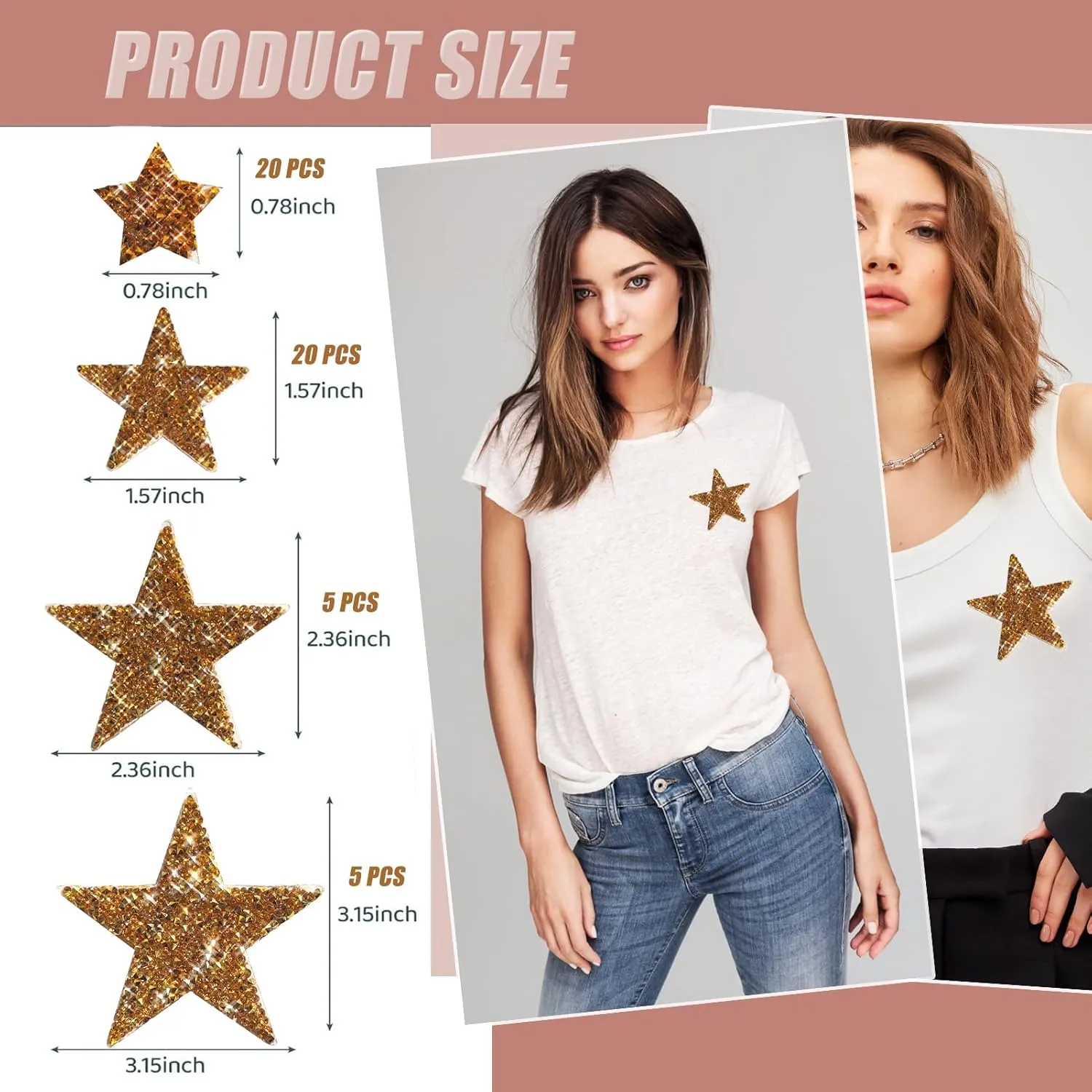 50 Pieces Star Iron on Patches Iron on Adhesive Star Patches Iron on Star Glitter Rhinestone Shiny Star Patche Appliques for Jeans Bag Pant Clothing Repair Decoration (Gold)