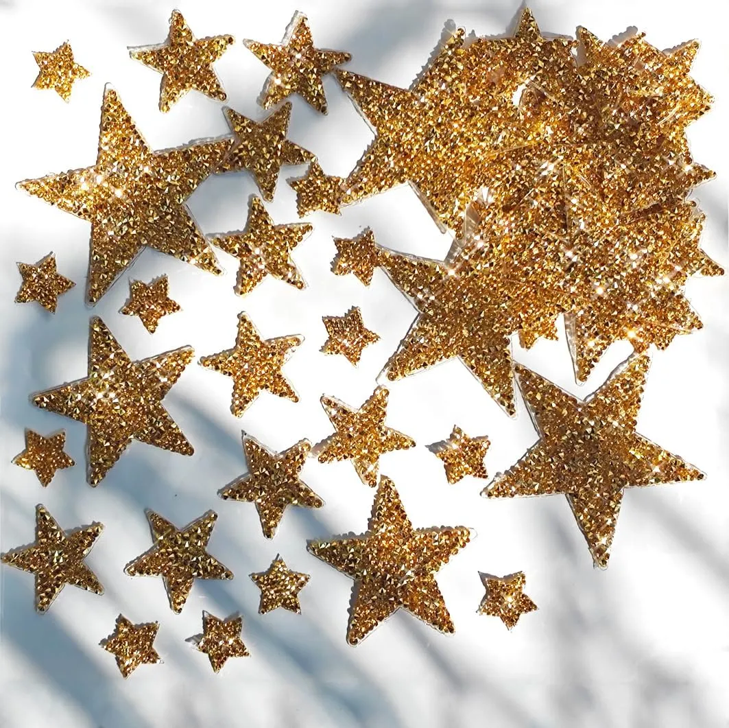 50 Pieces Star Iron on Patches Iron on Adhesive Star Patches Iron on Star Glitter Rhinestone Shiny Star Patche Appliques for Jeans Bag Pant Clothing Repair Decoration (Gold)