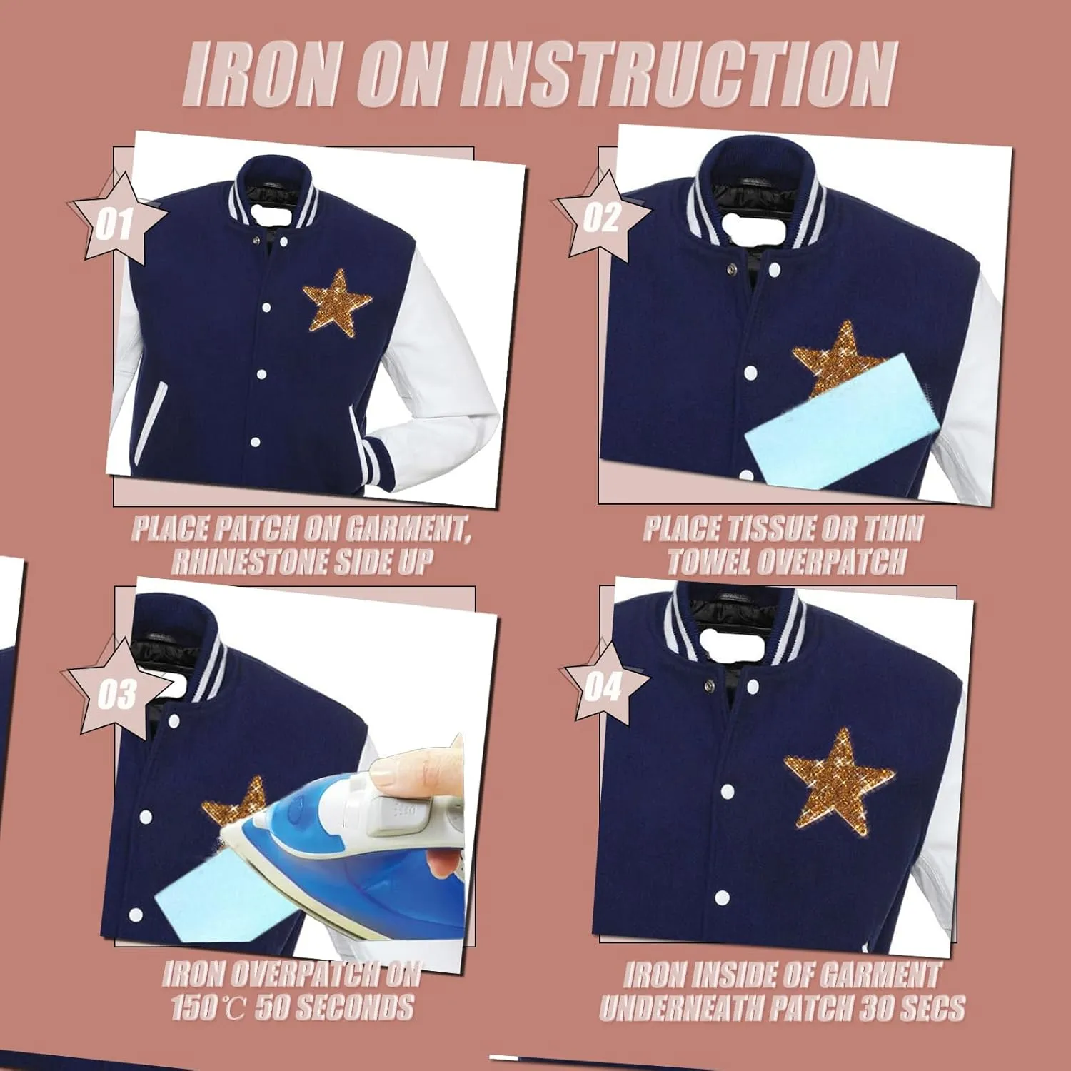 50 Pieces Star Iron on Patches Iron on Adhesive Star Patches Iron on Star Glitter Rhinestone Shiny Star Patche Appliques for Jeans Bag Pant Clothing Repair Decoration (Gold)