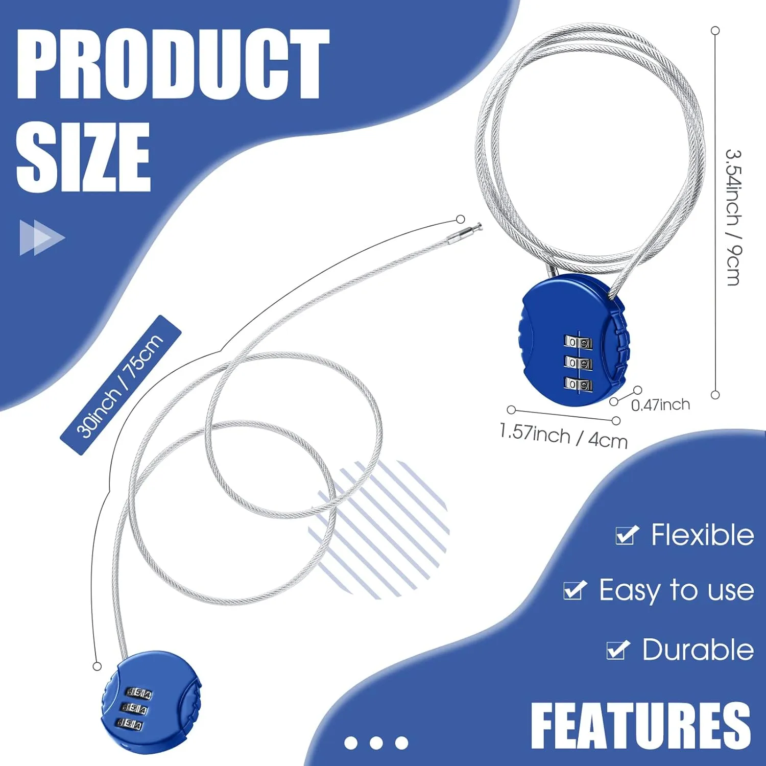 6 Pieces Cable Locks 3 Digit Combination Locks Waterproof Cable Luggage Travel Padlock for Gym Bike Backpack Cabinet 30 Inch, 5.31 Inch Wire Rope(Black, Blue)