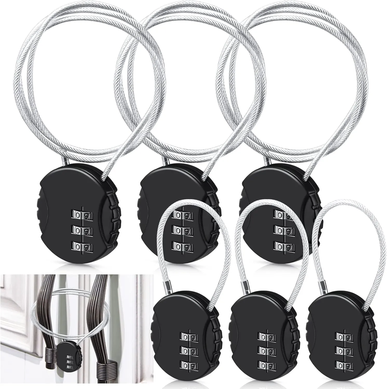 6 Pieces Cable Locks 3 Digit Combination Locks Waterproof Cable Luggage Travel Padlock for Gym Bike Backpack Cabinet 30 Inch, 5.31 Inch Wire Rope(Black)