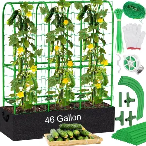 65" H x 50" W Cucumber Trellis for Climbing Plant with Grow Bag, U-Frame Metal Tomato Trellis for Raised Bed with Netting, Heavy-Duty Plant Support Outdoor for Vegetable Flower Grow Bag with Trellis