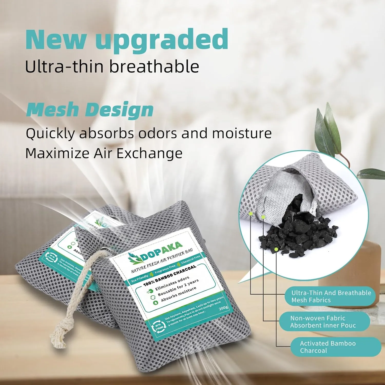 Activated Bamboo Charcoal Air Purifying Bags, Nature Fresh Air Purifier Bags,12 Pack Odor Eliminator, Activated Charcoal Odour Absorber for Room, Closet, Shoe, Car Air freshener (75g*6 200g*6)