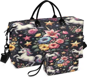 Adorable Unicorns and Celebrity Flowers with A Black Background Travel Duffle Bag for Men Women Gym Bag with Storage Bag Weekender Bag Carry on Bags for Travel Trip Gym Yoga