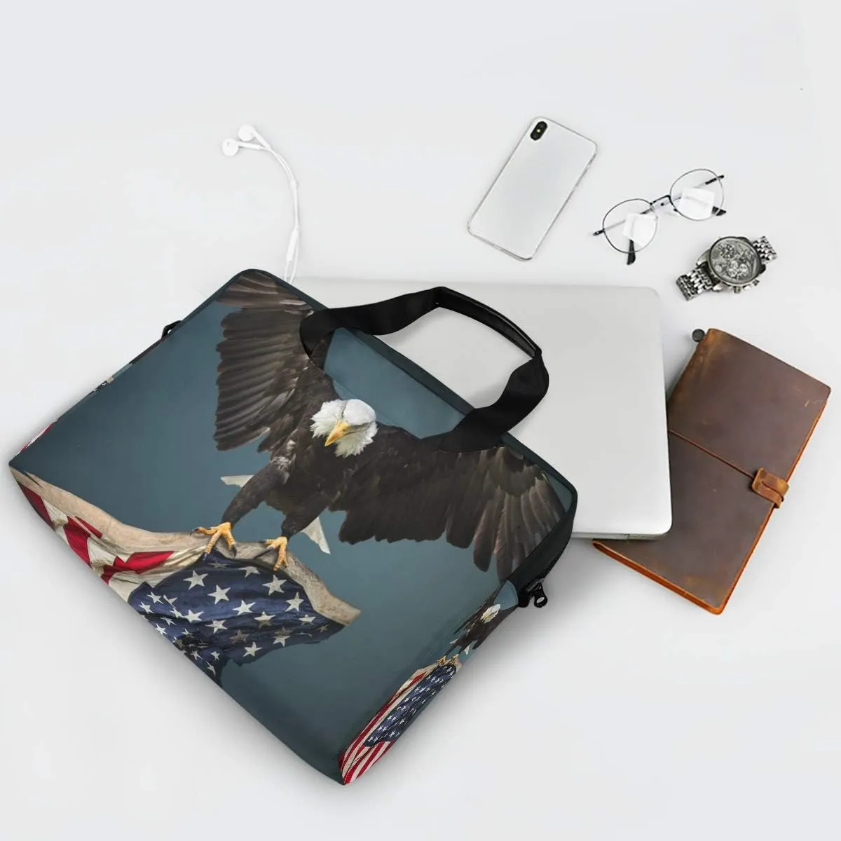 ALAZA American Flag Bald Eagle Laptop Case Bag Sleeve Portable Crossbody Messenger Briefcase w/Strap Handle, 13 14 15.6 inch