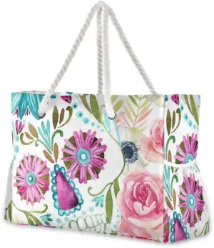 ALAZA Beach Bag, Watercolor Mexican Sugar Skull Flowers Day of the Dead Travel Tote Bags for Camping, Exercise