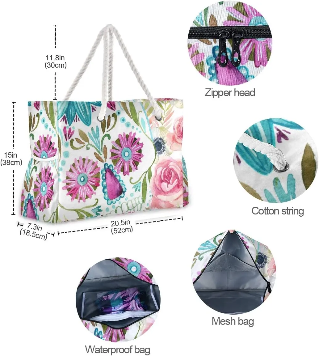 ALAZA Beach Bag, Watercolor Mexican Sugar Skull Flowers Day of the Dead Travel Tote Bags for Camping, Exercise