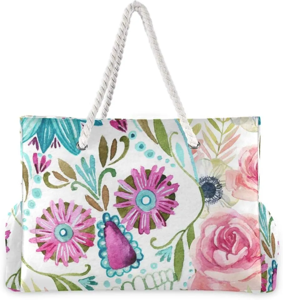 ALAZA Beach Bag, Watercolor Mexican Sugar Skull Flowers Day of the Dead Travel Tote Bags for Camping, Exercise
