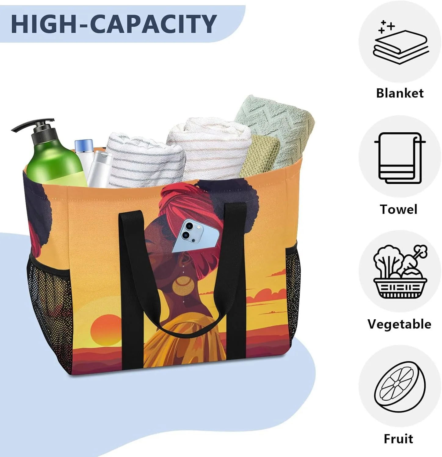 ALAZA Beautiful African Girl Waterproof Beach Tote Bags